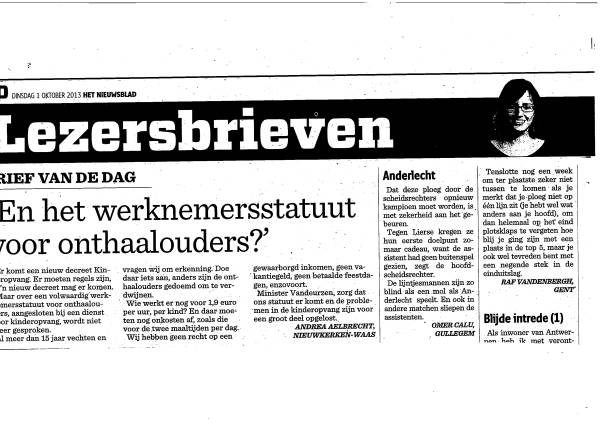 Lezersbrief onthaalouder over werknemersstatuut "brief van de dag" op het Nieuwsblad