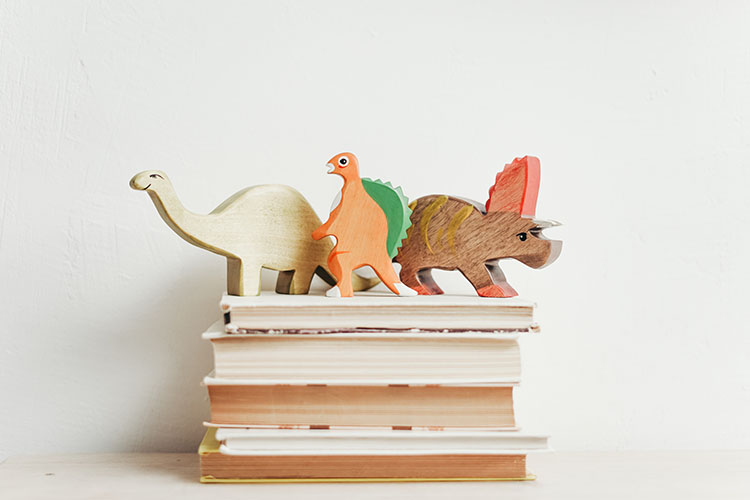 houten speelgoed dino's op boeken